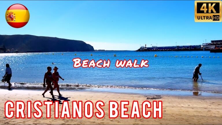 Walk along the beach of Los Cristianos. Tenerife today 4K